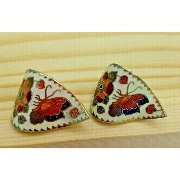 Cloisonne Earrings Clip-On Butterfly Flower - Picture 1 of 4